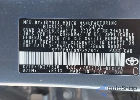 2022 Toyota Corolla Le from USA, damaged, VIN 5YFEPMAE8NP327617